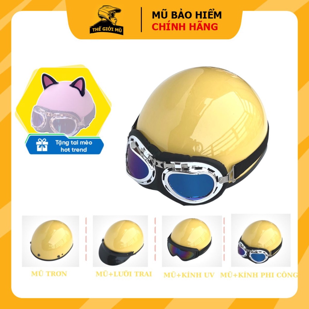 Nón bảo hiểm nửa đầu màu vàng bóng kèm kính uv,phi công,mũ bảo hiểm 1/2 cao cấp,free size cho nam nữ,bảo hành 12 tháng