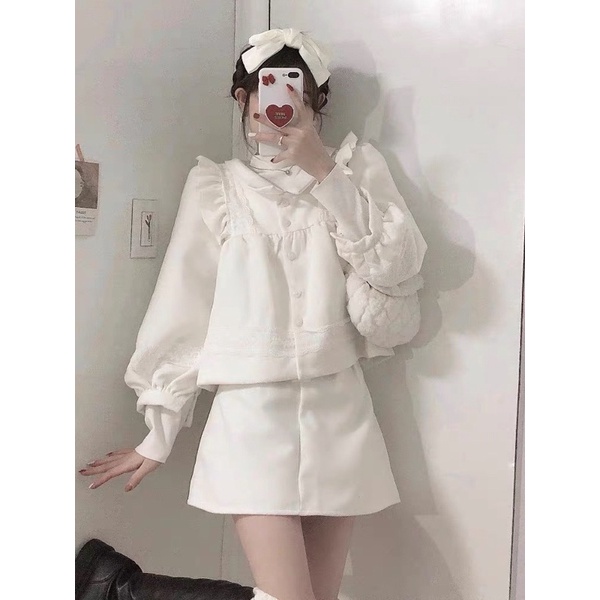 Set Áo Tay Dài Bồng Dáng Babydoll Cổ Bẻ Và Chân Váy Chữ A Xinh Xắn
