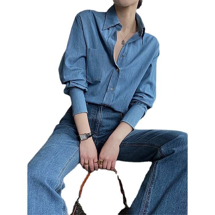 Áo Sơ Mi Denim Cao Cấp Cổ Chữ V Ôm Dáng Phong Cách Hong Kong Thời Trang Mùa Xuân 2022 Cho Nữ Đồng Hồ Đeo Tay Thiết Kế Mỏng Cao Cấp Thời Trang