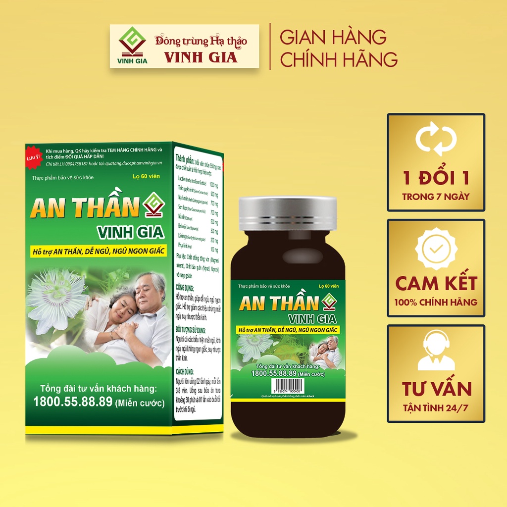 Viên Uống An Thần VINH GIA Hỗ Trợ Ngủ Ngon, Giảm Căng Thẳng Mệt Mỏi Cho Người Bị Suy Nhược Thần Kinh 60 Viên/Hộp