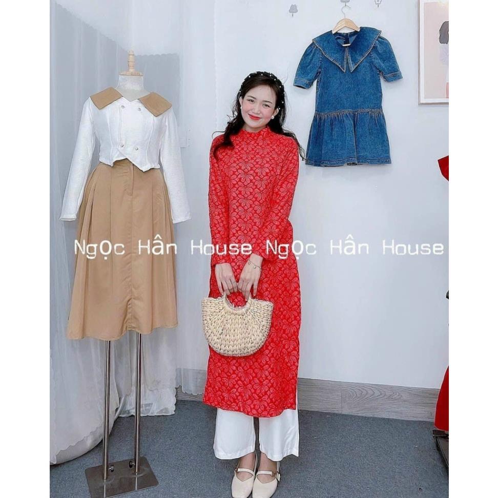 Set áo dài đỏ họa tiết hoa cá thắt nơ quần trắng dài ống suông dập li chơi noel đi chùa tết ngọc hân house
