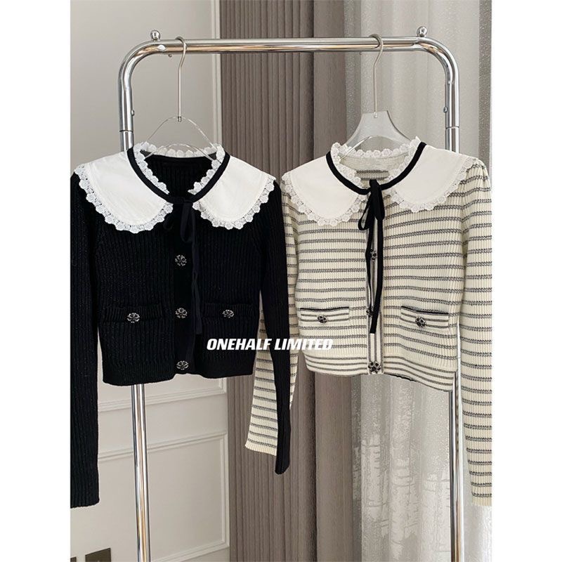 Áo Cardigan Dệt Kim Cổ Búp Bê Thắt Nơ Sọc Ca Rô Thời Trang Mùa Thu 2022 Cho