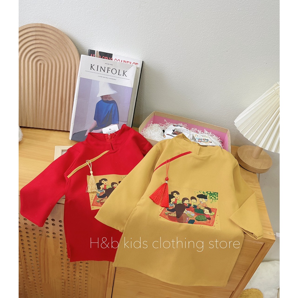 Áo dài cách tân chất nhung lì mềm 4 màu in hình Tết cực đẹp cho bé Namkidshop