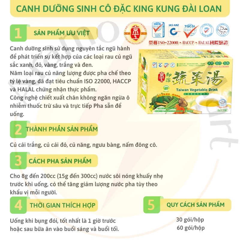 Canh dưỡng sinh Vegetable Drink King Kung  Đài Loan tăng sức đề kháng tốt cho sức khoẻ  30 & 60 gói /Hộp