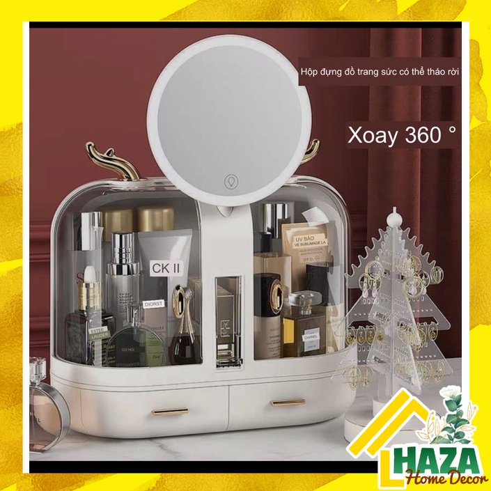 Hộp tủ đựng mỹ phẩm, đồ trang sức nhiều ngăn có gương đèn LED [Haza Home Decor]