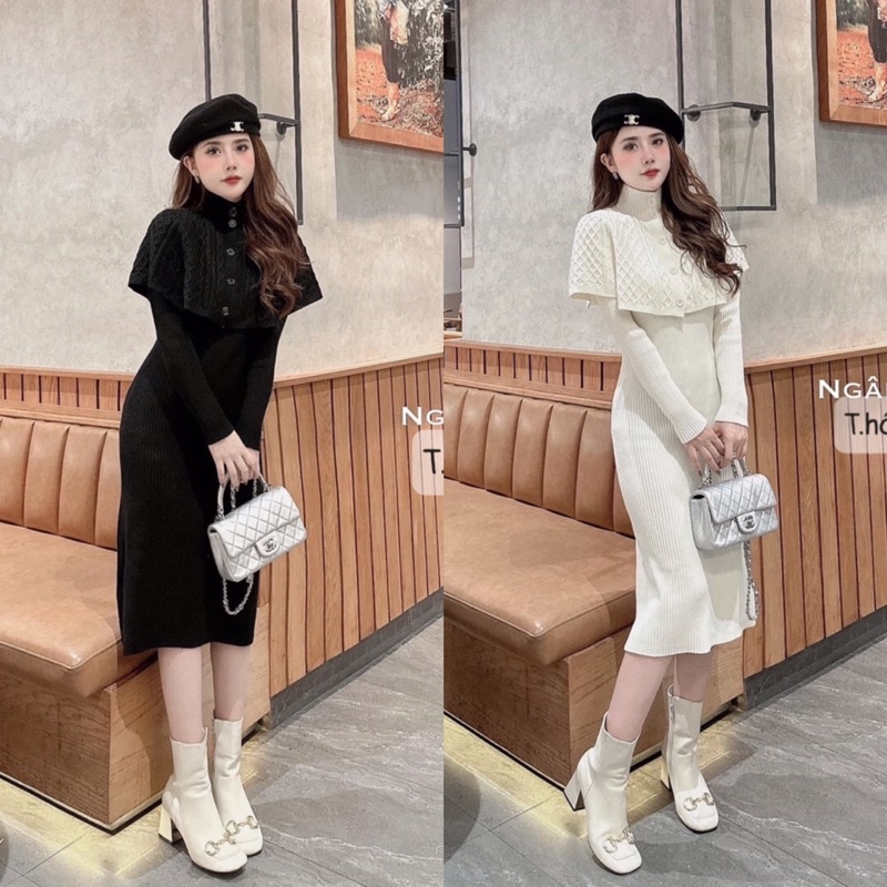 Set Áo Len Choàng Váy Suông Gân cổ Tim QCCC