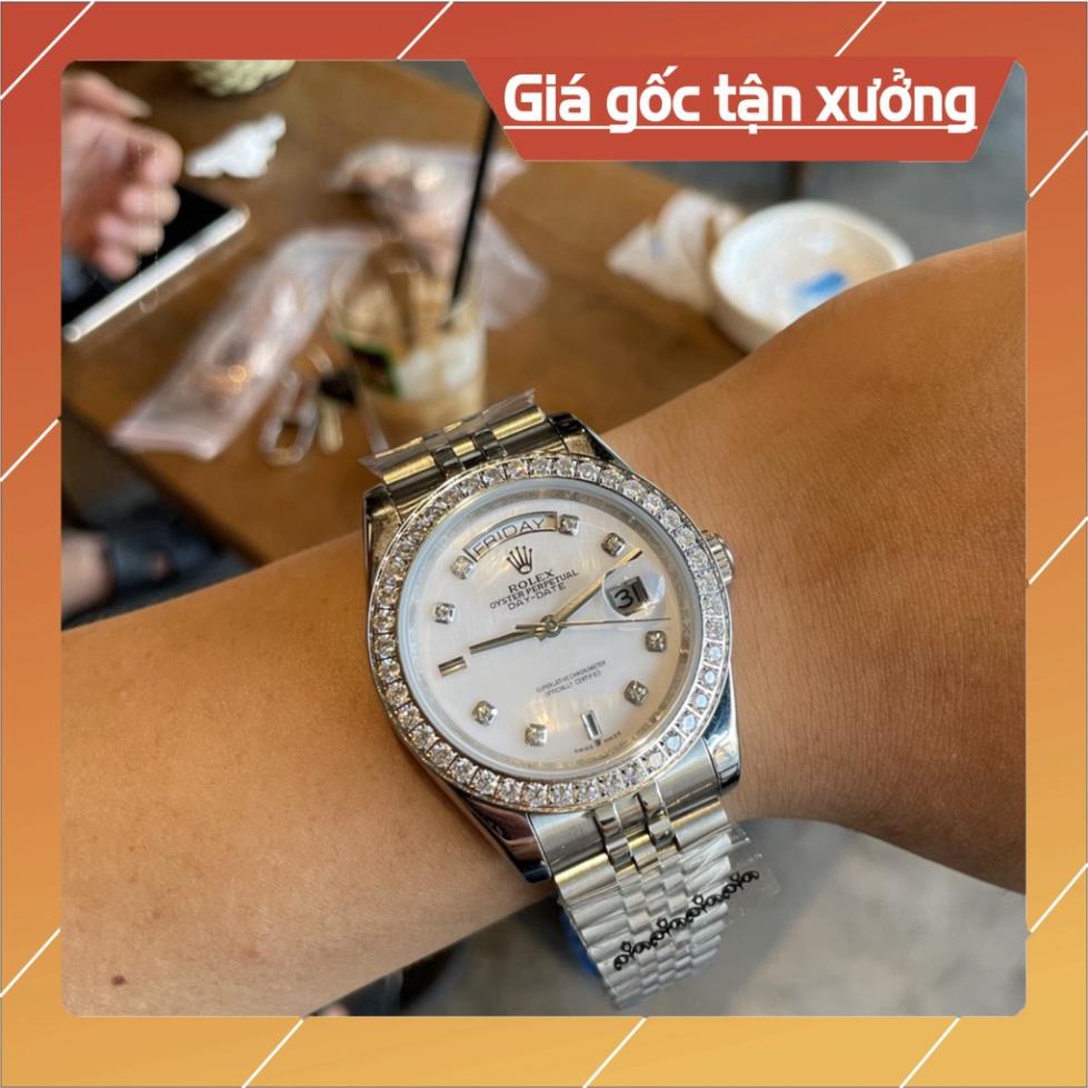 Đồng Hồ Nam RoLex Day-Date Sapphire RA82 Mặt TRẮNG viền đá Máy cơ Automatic Nhật