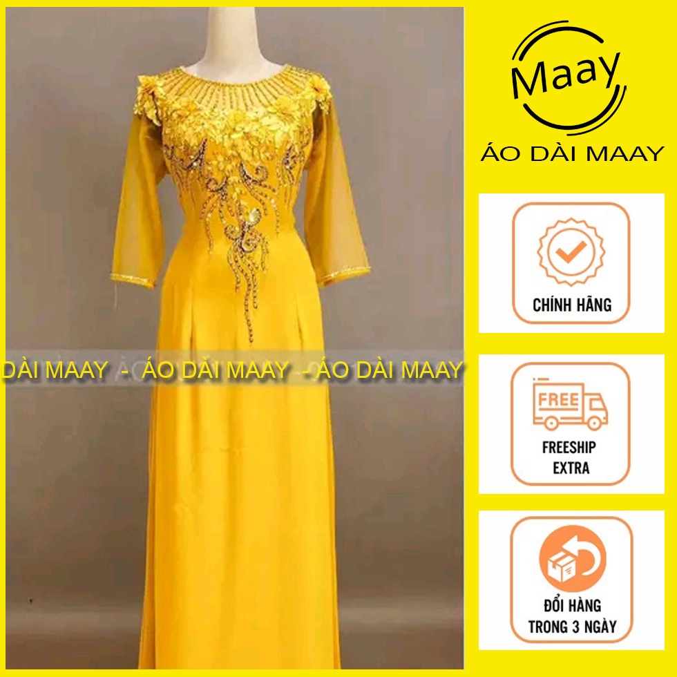 Áo dài trung niên tặng mẹ đính kết cổ phối tay lỡ, áo dài bà sui Maay