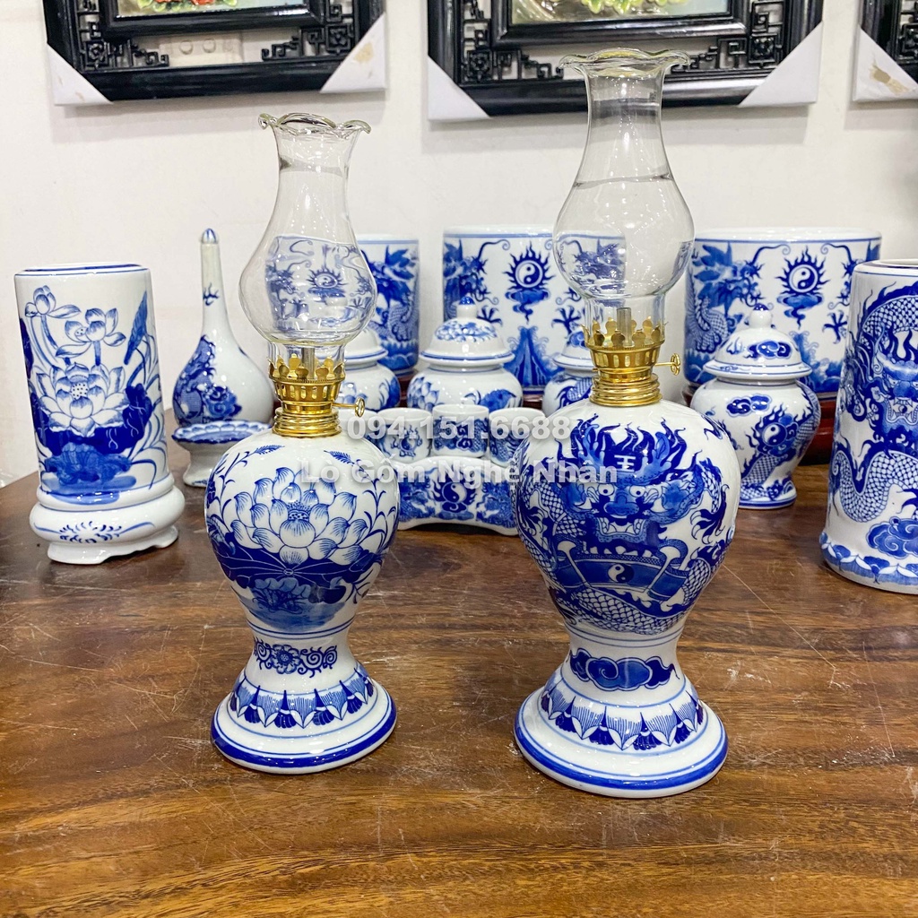 Đèn Thờ Cúng Men Lam Cổ Rồng - Sen Đồ thờ cúng Bát Tràng - Nghệ nhân Chế Tác
