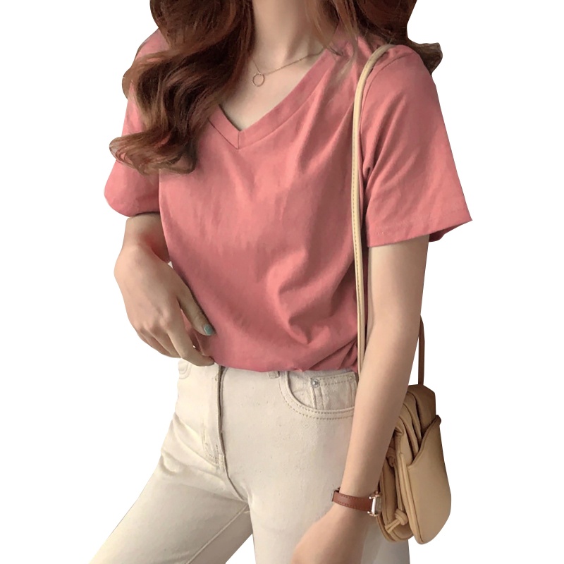 Áo Thun Tay Ngắn Cổ Chữ V Màu Sắc Đơn Giản Dành Cho Nữ