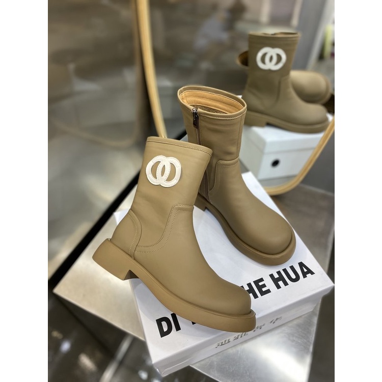 Giày Bốt Lót Lông Cừu Cổ Thấp Mũi Tròn Phối Khóa Kéo Bên Hông Ấm Áp Thoải Mái Thời Trang