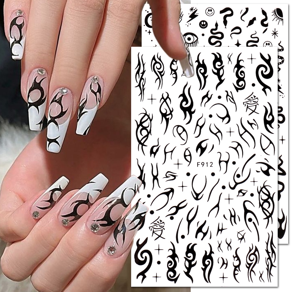 Miếng Dán Trang Trí Móng Tay 3D Hình Phù Thủy / Rắn Vlammen Ster Maan / Zwart-wit Ontwerp Lijn