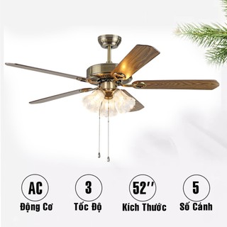 Đèn Quạt trần trang trí tân cổ Châu Âu [5 cánh gỗ, 3 bóng đèn]