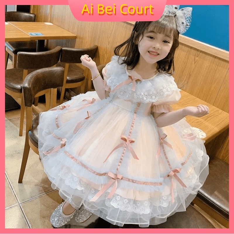 2022 Mới cho trẻ em Lolita Princess Dress Màu Rắn Váy cổ tròn Puff