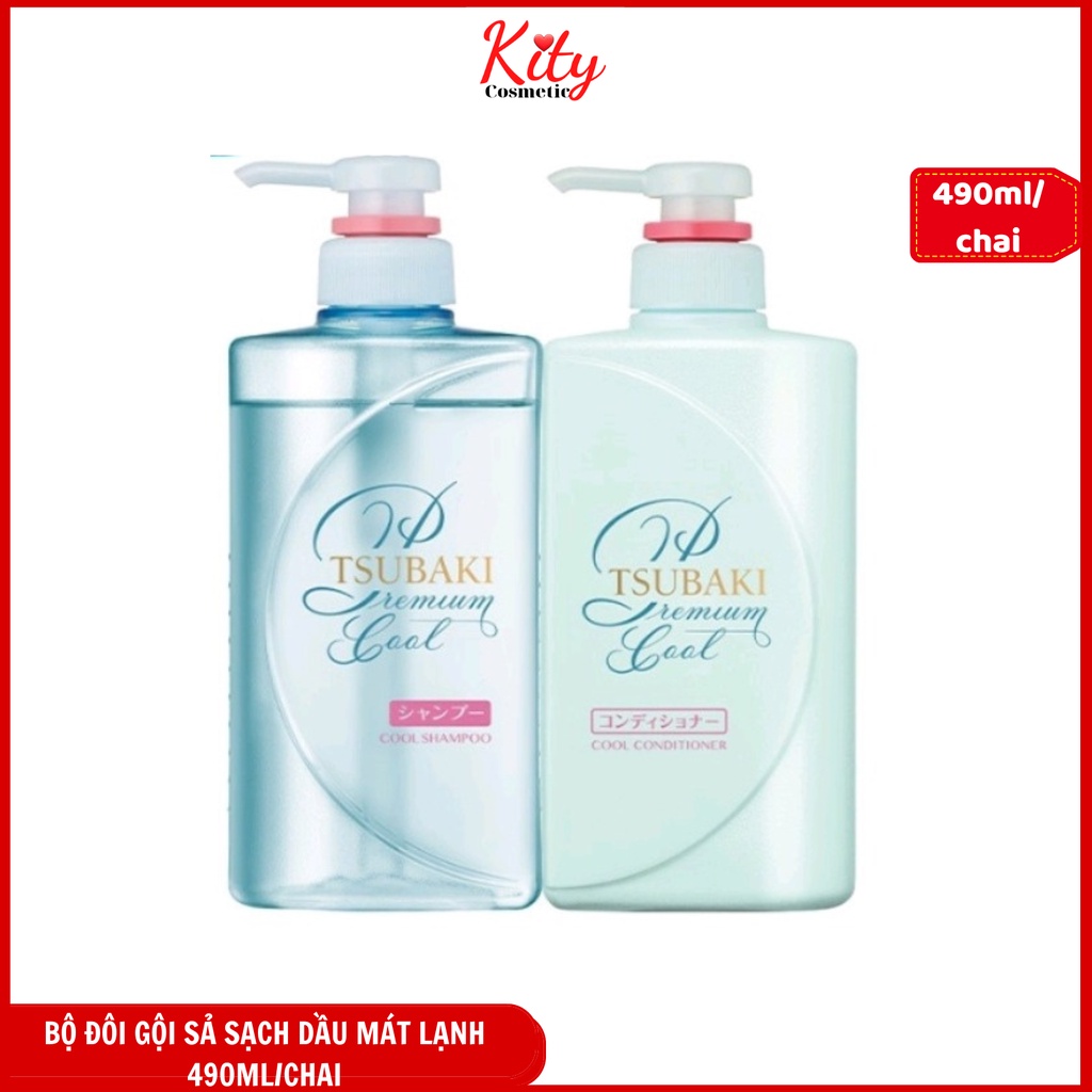 Bộ Dầu Gội Và Dầu Xả Sạch Dầu Mát Lạnh Tsubaki Premium Cool Xanh 490ml