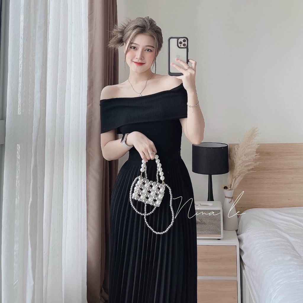 Sét váy nữ thời trang mặc đi tiệc áo gân trễ vai phối che ngực chân váy chất for maxi xếp ly xoè phong cách bánh bèo