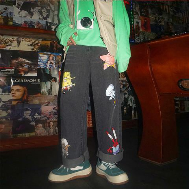 Quần Jean Dài Dáng Rộng In Họa Tiết Hoạt Hình Phong Cách Hàn Quốc Thời Trang Mùa Xuân Cho Nam