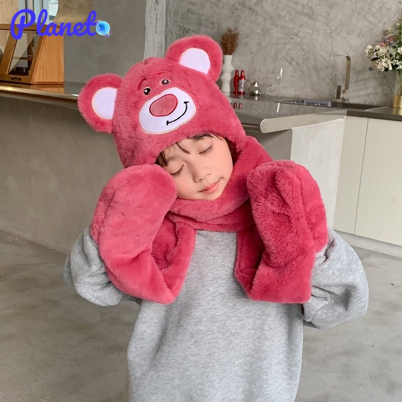 Planet Set Mũ + Khăn Choàng + Găng Tay Ba Món Giữ Ấm Tai Chống Gió Hình Gấu / Dâu Tây Dễ Thương Cho Bé Gái