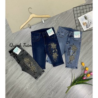 Quần Jean Nữ Ngố Co Giãn Hàng Xịn Thêu Hoa Đính Hạt Lưng Cao 2 Nút