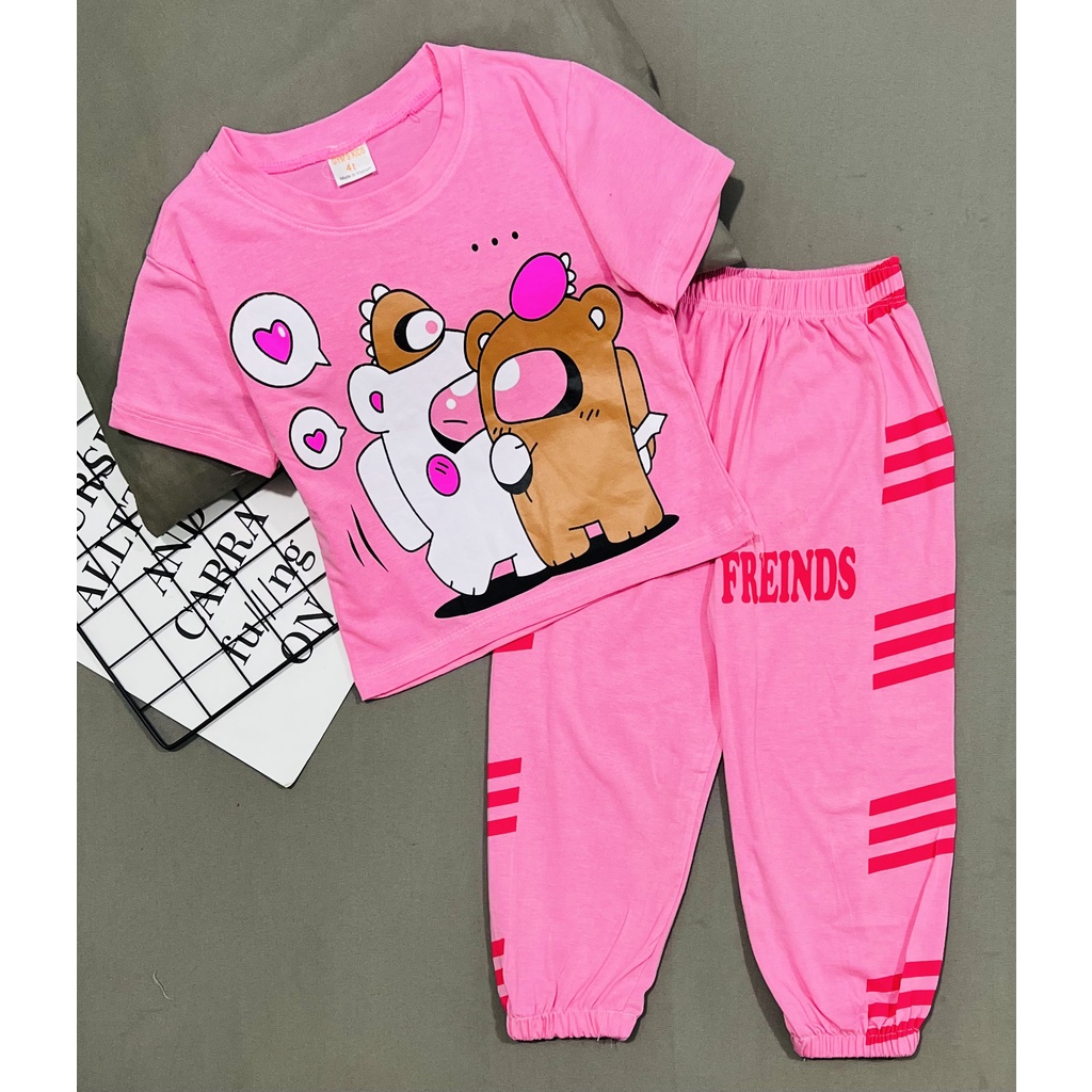 Bộ tay ngắn quần dài bé gái thun cotton cho bé gái 20 đến 40kg áo croptop quần alibaba - Bộ quần áo bé gái AT44