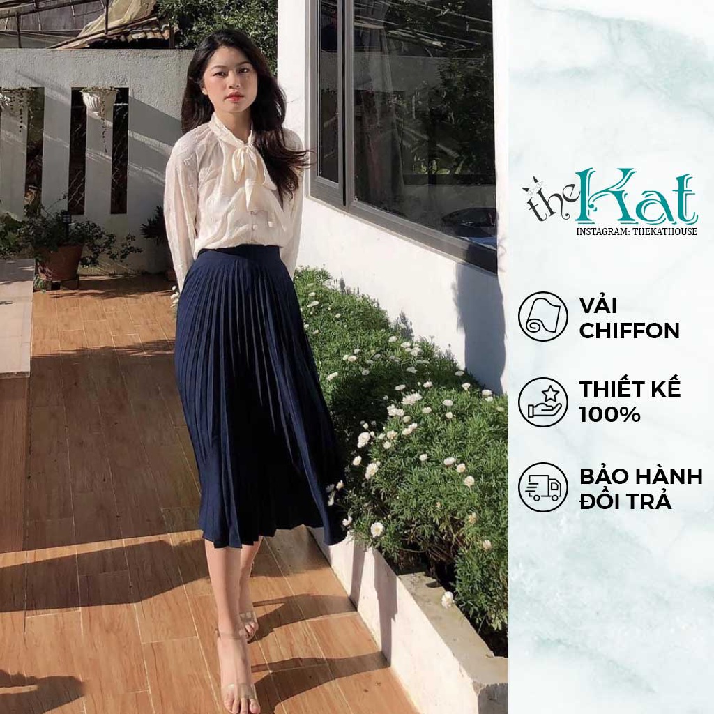 Set Áo Tay Phồng Nơ Cổ và Chân Váy Xếp Ly The Kat House, thanh lịch, nhã nhặn