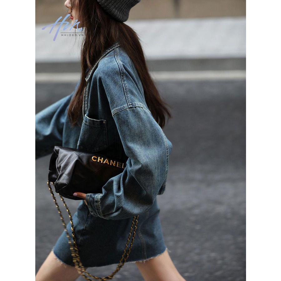 Áo Khoác Denim Cổ Bẻ Dáng Ngắn Phong Cách Hong Kong Thời Trang Mùa Thu 2022 Mới