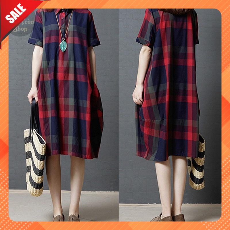 Đầm BIGSIZE dáng sơ mi tay ngắn có cổ caro - DS041- Béo Tròn Shop