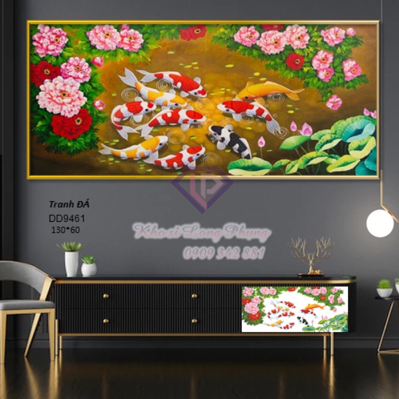 (Kho sỉ) Tranh đính đá Cá chÉp Hoa Sen D9461 130x60 cm ( chưa đính)
