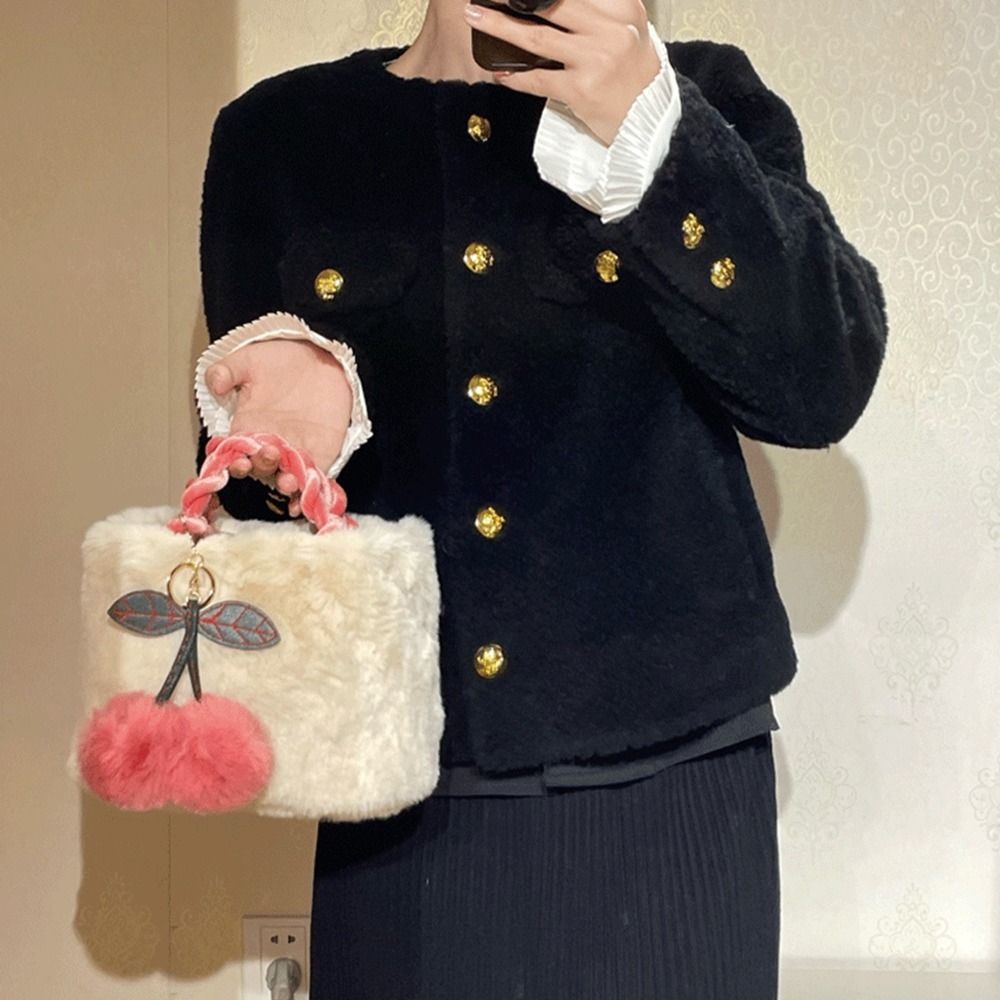 FALLFORBEAUTY Túi Xách Đeo Vai Hình Vuông Cỡ Lớn Phủ Lông In Họa Tiết Trái Cherry Thời Trang Mùa Đông Cho Nữ