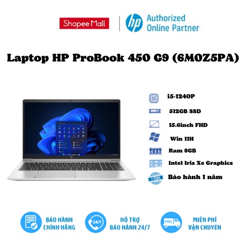 [Mã ELHP3TR giảm 12% đơn 500K] Laptop HP ProBook 450 G9 (6M0Z5PA)/ Intel core i5-1240P (up to 4.40 GHz, 12 MB)/ Ram 8GB