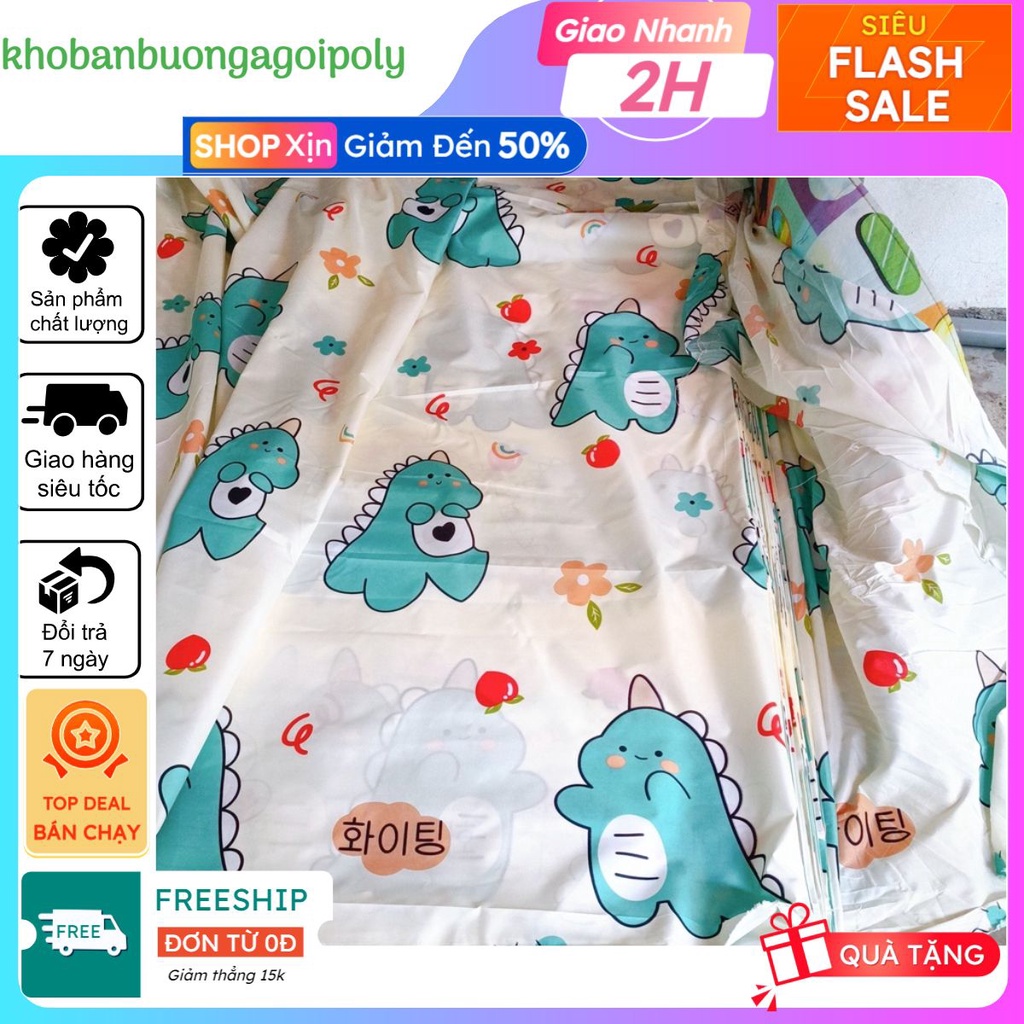 Vải may ga giường chất cotton poly khổ rộng 2m3, khủng long trắng