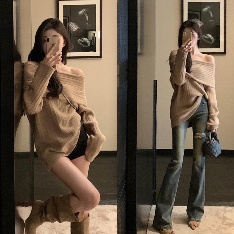 Áo Len Tay Dài Kiểu Hở Vai