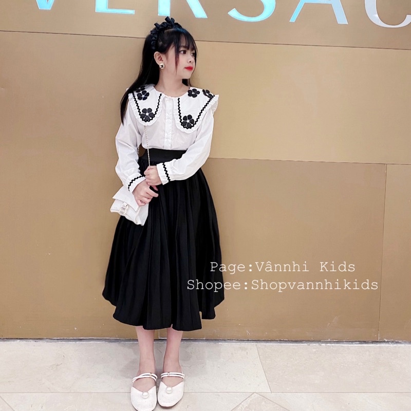 Set sơmi bèo Tiểu Thư đính hoa xinh sang cho bé size đại 17kg-42kg