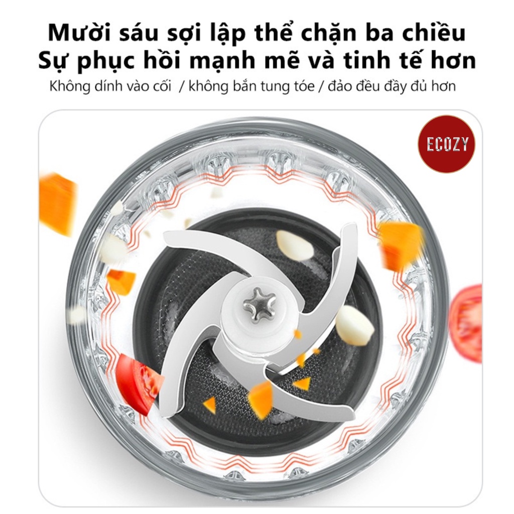 Máy xay mini ECOZY 6 Lưỡi cối thủy tinh máy xay ăn dặm cho bé, xay thịt cháo sinh tố tỏi ớt 300ml