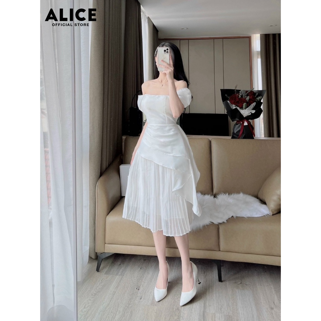 Đầm Dự Tiệc Thiết Kế Tiểu Thư Cổ Vuông ALICE Chất Vải Tafta Cao Cấp Phối Tơ Thiết Kế Tay Cánh Tiên Phối Dập Ly V790