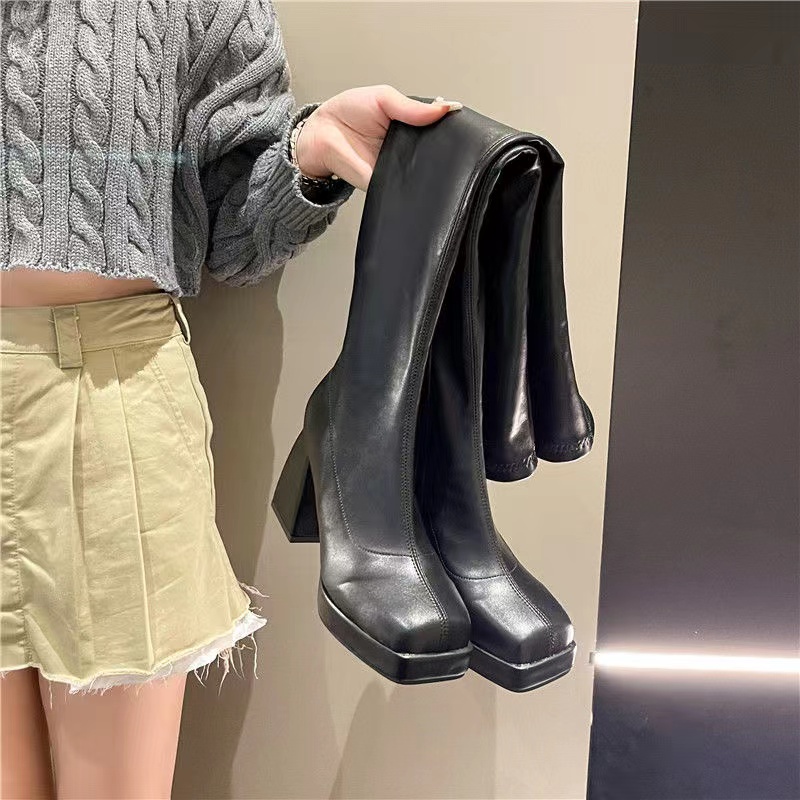 Giày Bốt Da Cao Gót 9CM Mũi Vuông Dài Qua Gối Thời Trang 2022 Cho Nữ