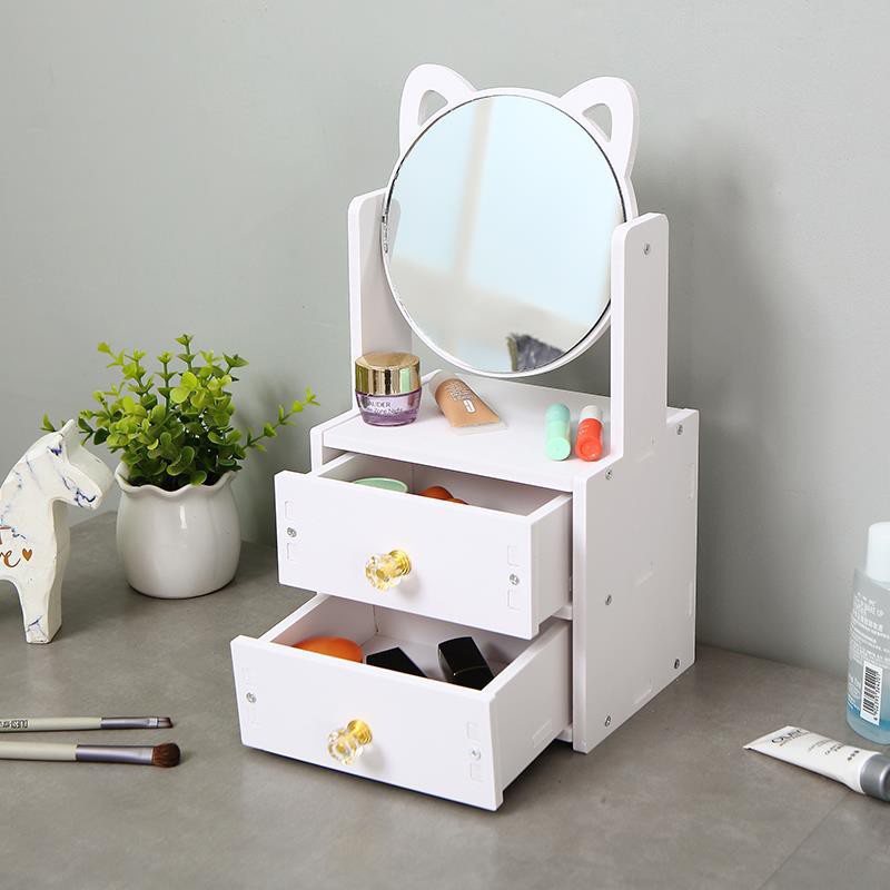 Bàn Trang Điểm Mini 2 Tầng Có Gương Mèo Hello Kitty Bằng Gỗ Nhựa Để Phòng Ngủ - Nhỏ Gọn Đựng Mỹ Phẩm