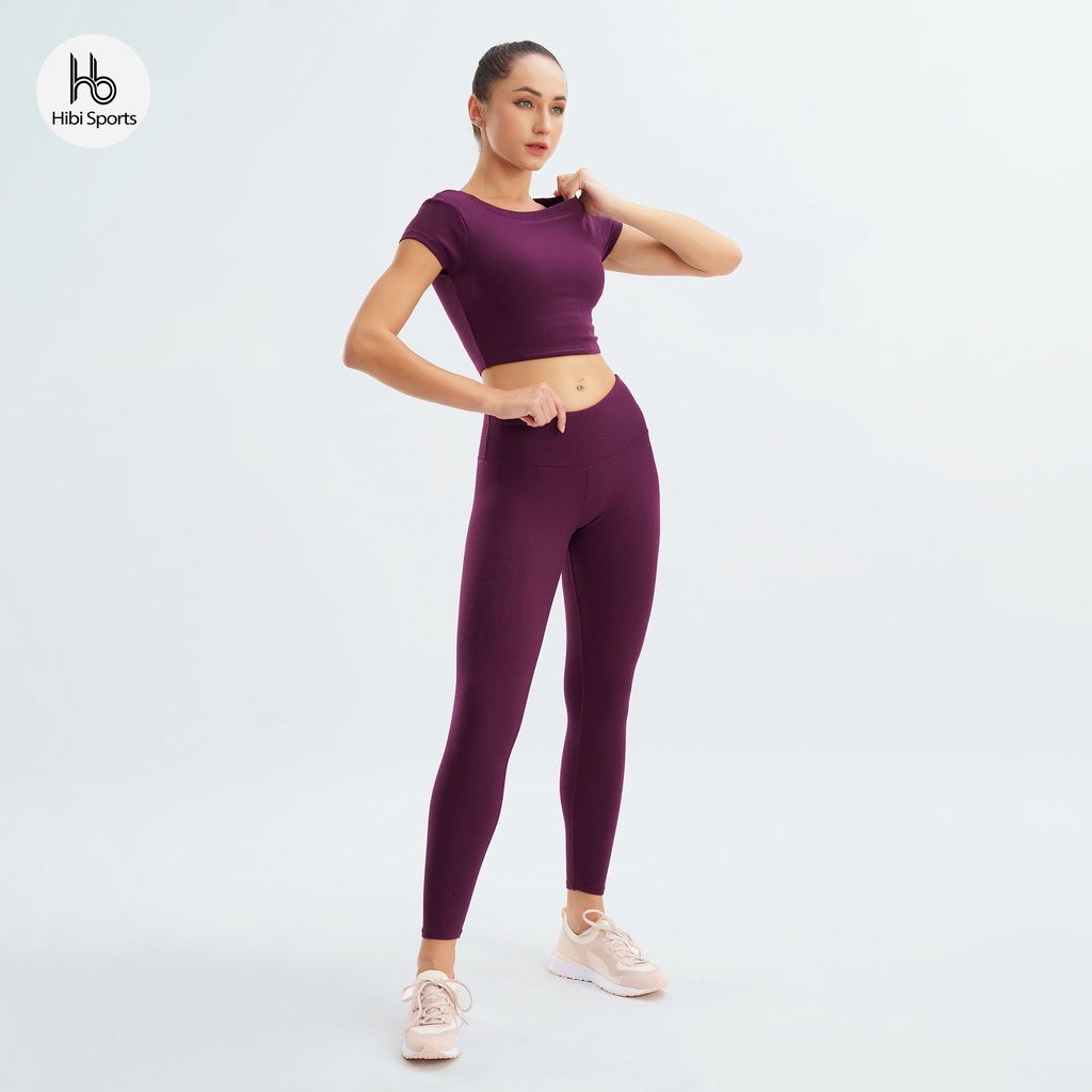 Set đồ tập yoga gym Hibi Sports H146 size mới, tím và trắng, áo croptop có tay kèm