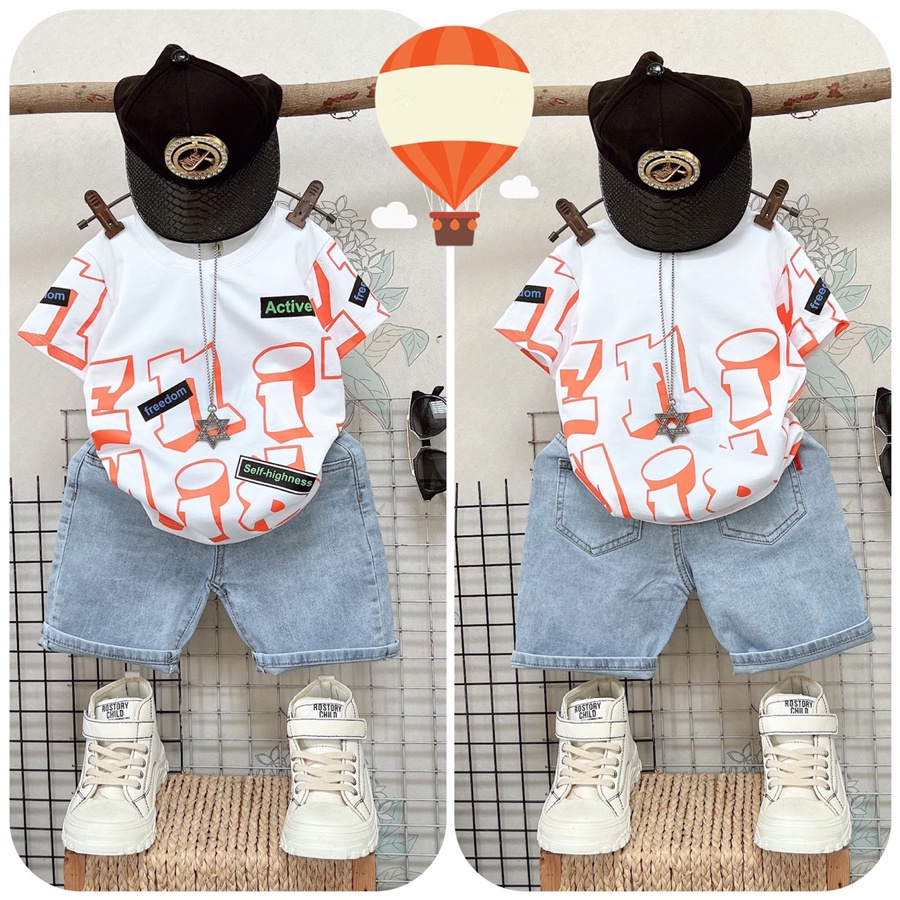 Đồ bộ bé trai, bộ jean in chữ active cool ngầu cho bé trai từ 15 đến 60kg