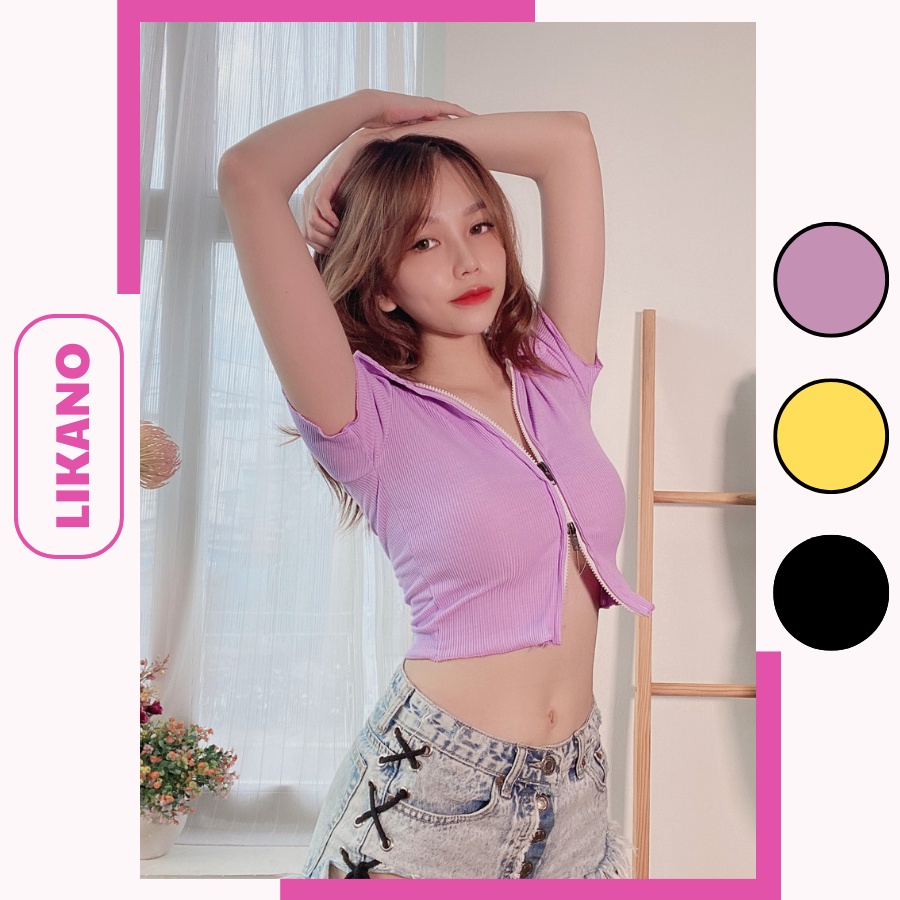 Áo croptop dây kéo sexy có cổ 4 màu LIKANO CRT66