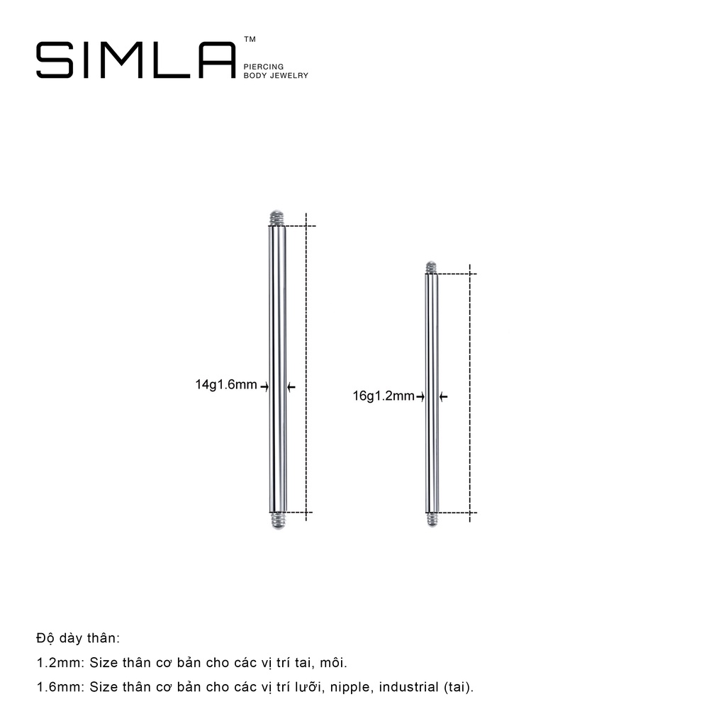 Khuyên thân thẳng bi trơn cơ bản khuyên lưỡi/ khuyên ngực/ Industrial Thép không gỉ 316L - Simla Body Jewelry