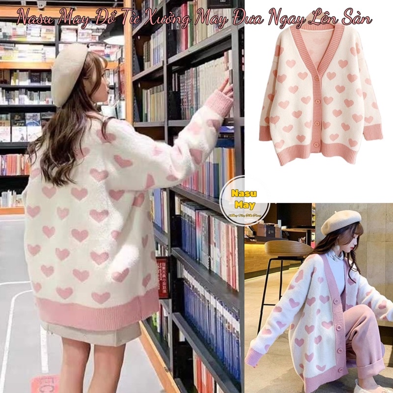 Áo Khoác Cardigan Hình Trái Tim Màu Hồng Form Rộng Nữ