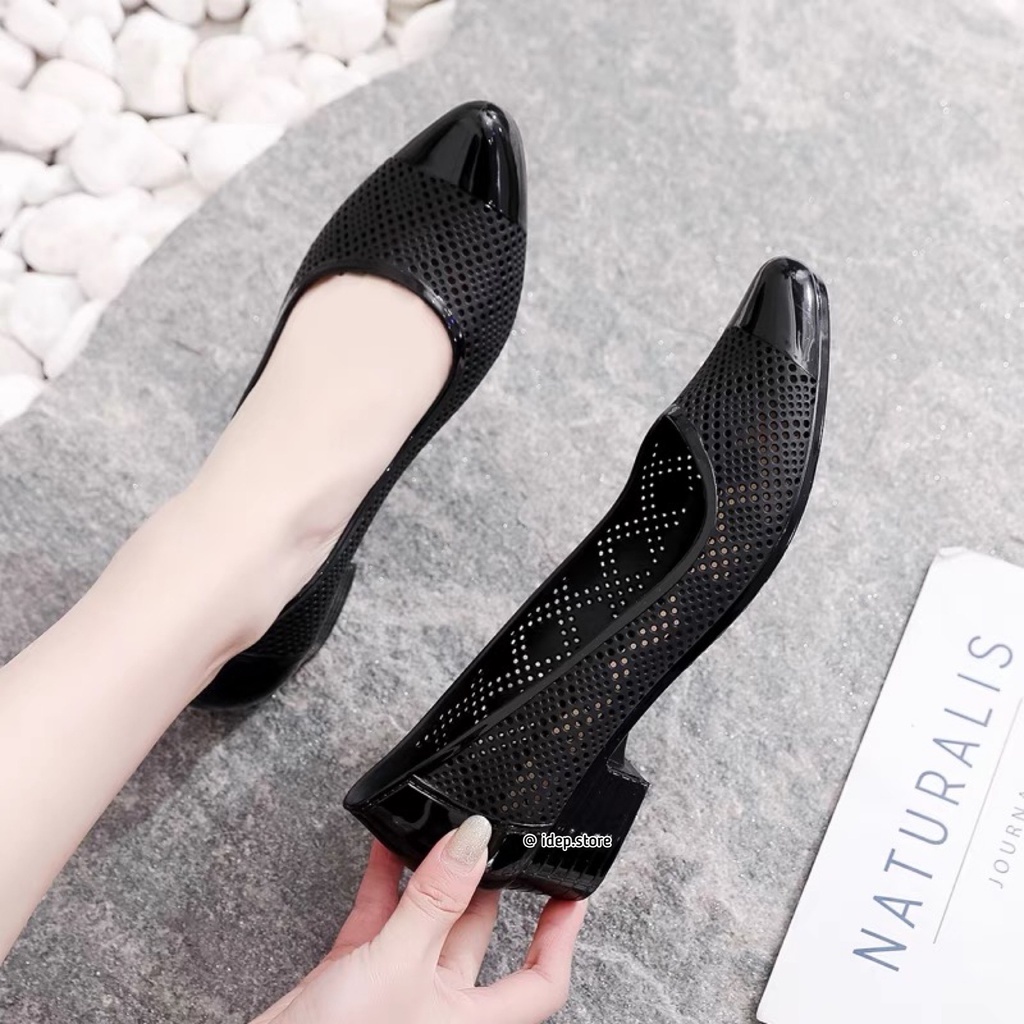 Giày búp bê - Giày nhựa lỗ thoáng khí cao 3cm đi mưa, văn phòng đi mưa chống trơn cho nữ iDÉP GL060