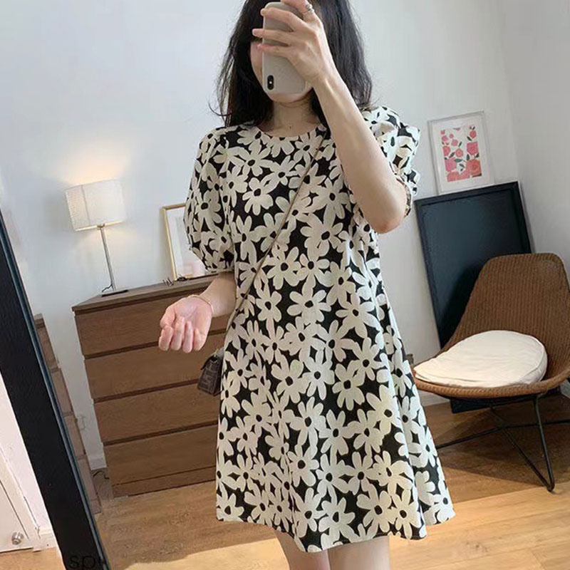 Aphrod   Đầm Tay Phồng Dáng Rộng In Họa Tiết Đơn Giản Thời Trang Pháp Cổ Điển Cho Nữ