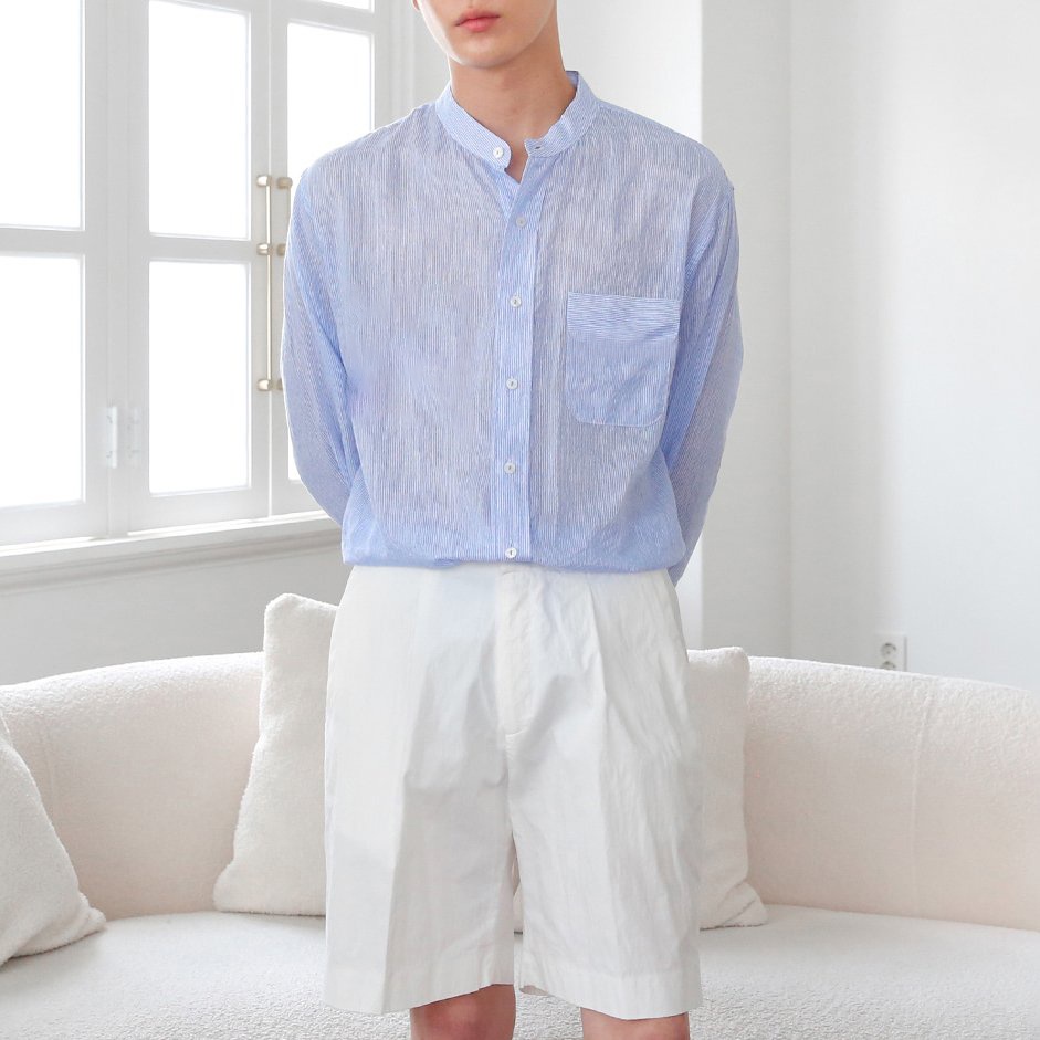 Áo sơ mi kẻ sọc cổ trụ form rộng hàn quốc vải linen cao cấp, thấm hút mồ hôi tốt - SEOUL