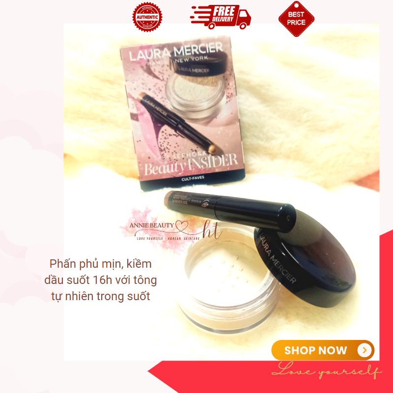 Combo Phấn phủ kiềm dầu và Phấn mắt màu Laura Mercier cho lớp trang điểm hoàn hảo suốt 16 giờ