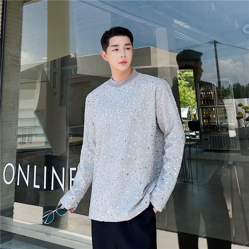 November Áo Thun Tay Dài Dáng Rộng Thêu Họa Tiết Đính Kim Sa Phong Cách Hàn Quốc Thời Trang Mùa Thu Mới Cho Nam