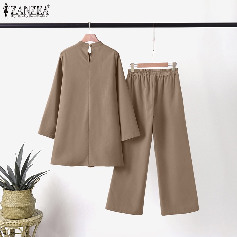 ZANZEA Set Đồ Hồi Giáo Gồm Áo Tay Dài Cổ Tròn Và Quần Dài Lưng Thun Có Túi Thời Trang Cho Nữ