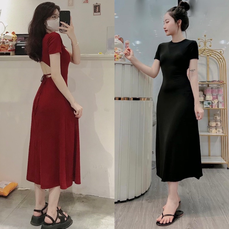 Đầm cổ tròn hở lưng 2 màu - Chitchitstore