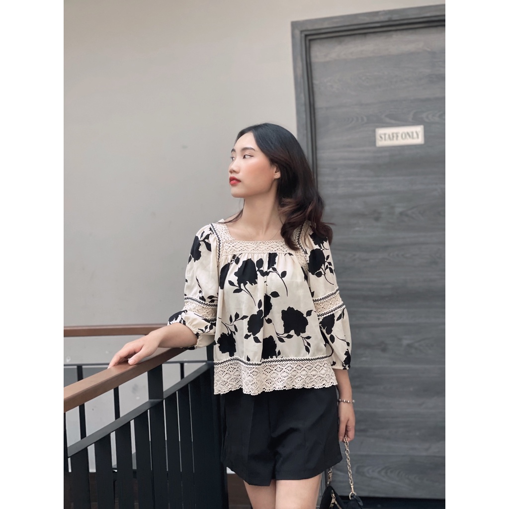 (HÀNG SẴN - HÌNH THẬT) Áo sơ mi tay lỡ phối ren - Áo Lụa không nhăn cổ vuông xinh xắn